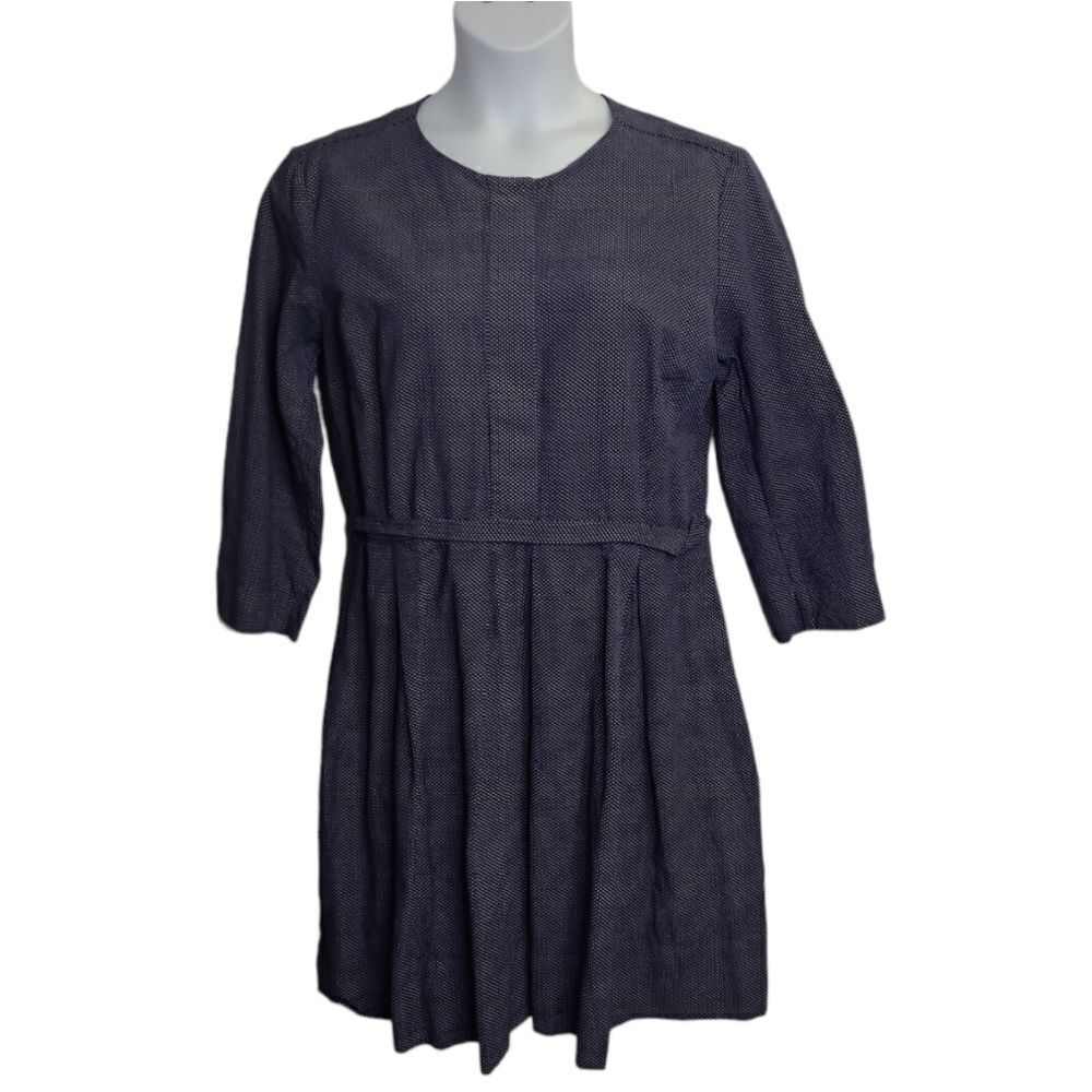 GAP tall navy blue box pleat linen 3/4 sleeve polka dot dress with pockets 16 T